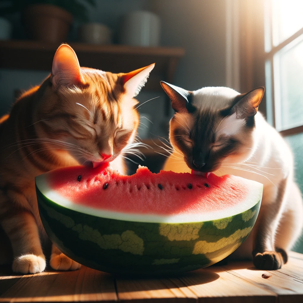 In the photo, two cats are seen enjoying a slice of watermelon. The cat on the left appears to be an orange tabby, while the one on the right looks like a Siamese or a similar breed with point coloration. They are both licking or nibbling on the juicy red part of the watermelon. The setting is indoors with sunlight streaming in, casting a warm glow on the scene. There are some plants and items in the background, suggesting a cozy indoor environment. The focus is on the cats and the watermelon, making it a delightful and heartwarming image