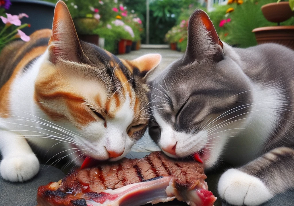In the photo, there are two cats—one with orange and white markings and the other with gray and white markings—sharing and licking a piece of grilled meat, possibly steak, placed on a slate or stone. The cats appear to be outdoors, with a garden background featuring various plants, flowers, pots, and a part of a building. The setting looks like a well-maintained patio or backyard with colorful flowers and greenery