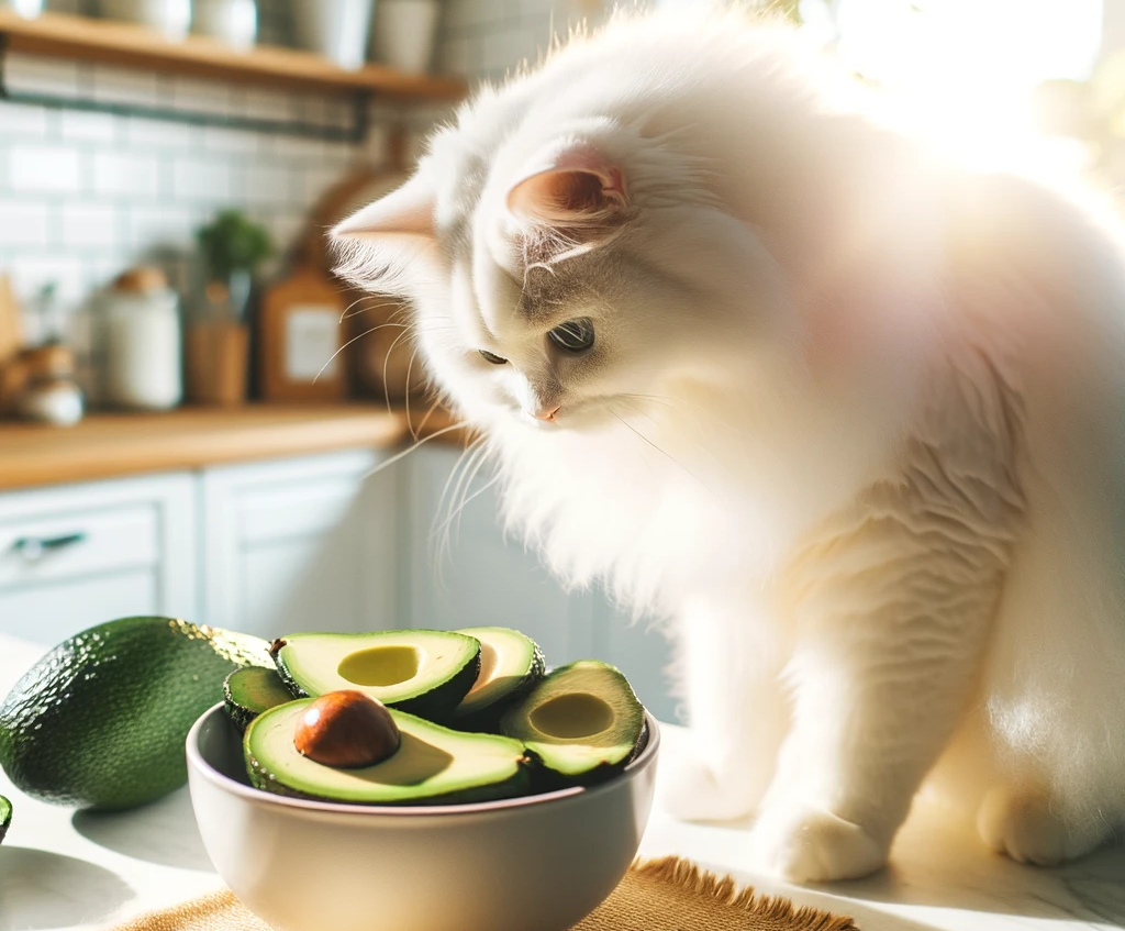 In the photo, there is a white fluffy cat with pink ears and a soft gaze. The cat appears to be curiously looking at a bowl containing sliced avocados. The setting seems to be a bright kitchen with sunlight shining through. The kitchen backdrop features wooden counters, tiles, and kitchen utensils. The overall ambiance of the picture is warm and inviting