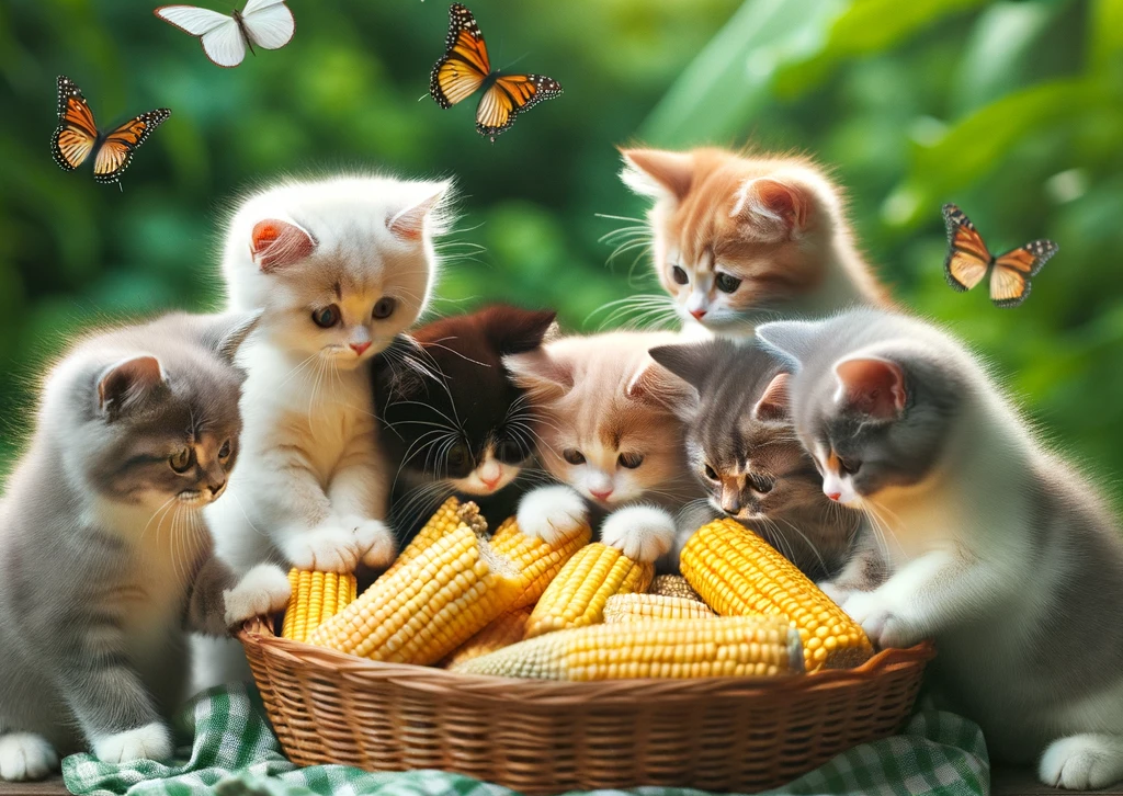 In the photo, there are several kittens of various colors and patterns gathered around a wicker basket filled with corn cobs. The kittens seem to be curiously examining or playing with the corn. In the background, there's a verdant setting with a few butterflies fluttering around, creating a serene and playful atmosphere. The overall scene seems to be set outdoors with sunlight filtering through