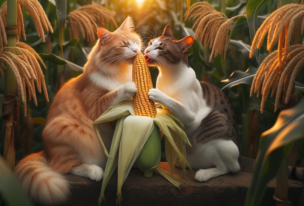 In the photo, two adult cats are situated amidst a cornfield. One cat, with a creamy-orange fur coat, is lovingly nibbling or sniffing a corn cob. The other cat, which has a white coat with tabby stripes, seems to be closing its eyes and enjoying the sensation of the corn's texture against its cheek. The golden light casts a warm glow on the scene, illuminating the fluffy tails and whiskers of the cats, as well as the corn plants around them. Tall corn plants surround them, and some of the plants have tassel-like tops that sway in the backdrop. The overall ambiance of the photo is serene and idyllic