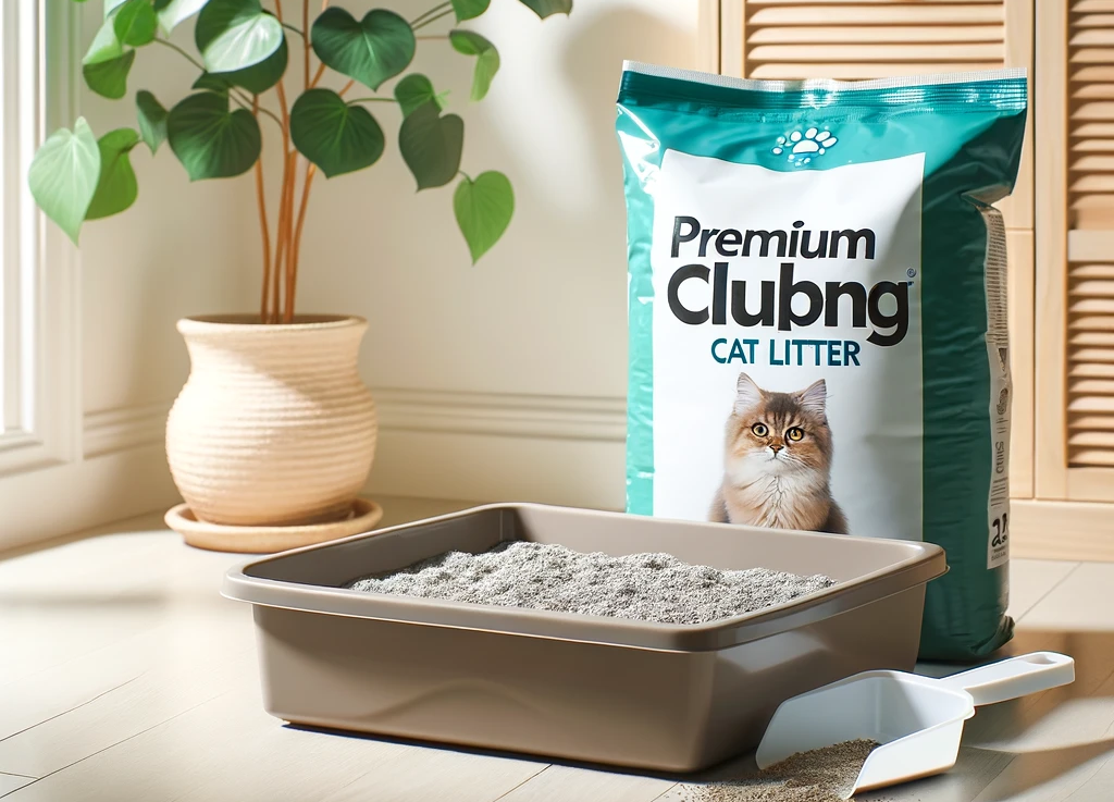Photo of a clean cat litter box placed in a well-lit room. Next to the box, there's a bag of premium clumping cat litter with a scoop resting on top. A potted plant adds a touch of greenery to the scene