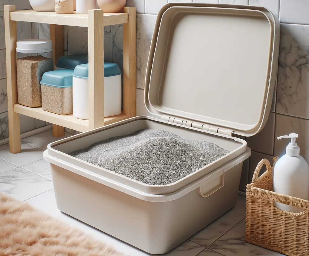 Photo of a top-entry cat litter box in a modern bathroom setting. The litter inside looks fresh and unscented. Nearby, a shelf holds various cat care products, including a bag of cat litter