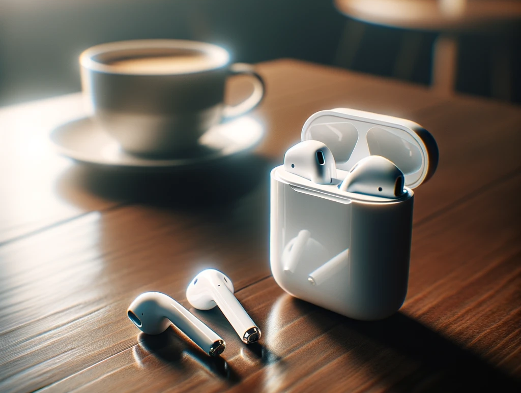 Photo of a pair of AirPods neatly placed next to their charging case on a polished wooden table. The ambient lighting casts a soft glow, and a cup of coffee is visible in the background