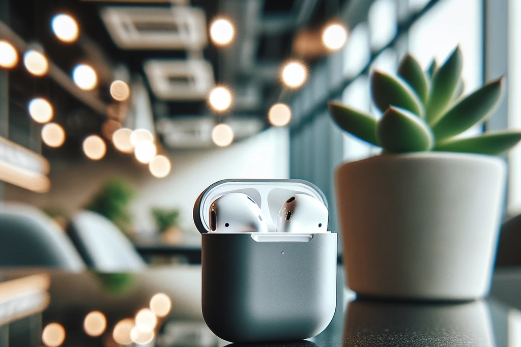Photo of AirPods with a matte finish lying on a modern glass table. The reflection shows the ceiling lights, and a potted succulent adds a touch of green to the scene