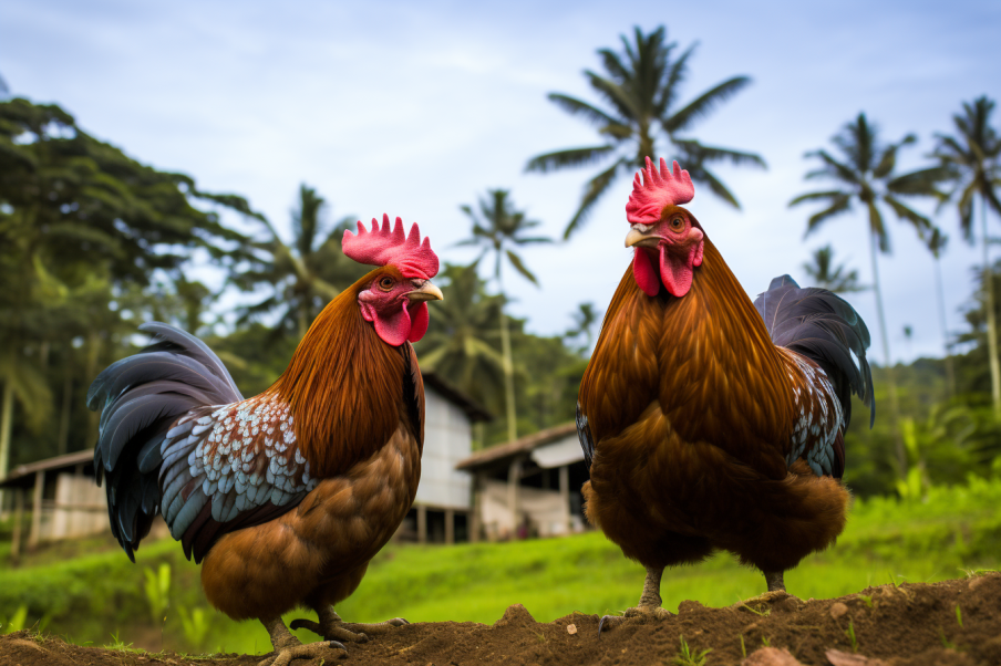 A flock of chickens busily forage in the sunlit yard, their vibrant feathers shimmering as they peck and cluck, with the backdrop of a rustic wooden coop and the dappled shade of a nearby tree