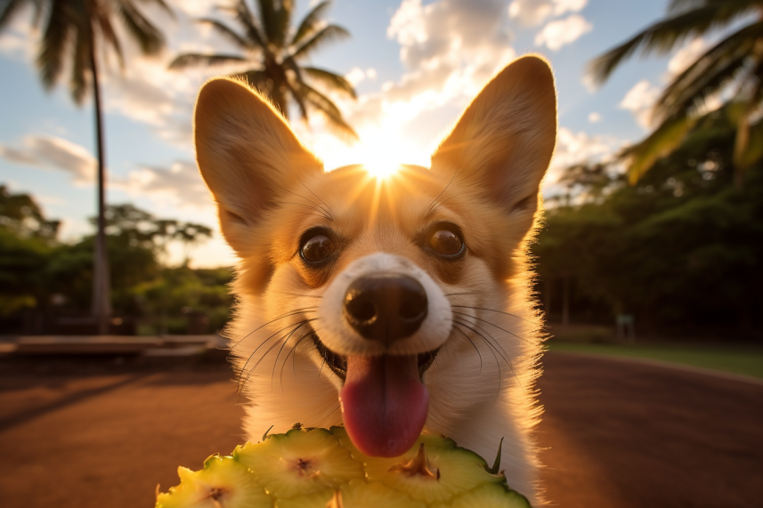 A brown dog with a shiny coat, its tail wagging in contentment, is captured in the midst of savoring a succulent pineapple slice. The vibrant yellow of the fruit contrasts beautifully with the rich, deep tones of the dog's fur. Juicy bits and pieces are playfully scattered around, telling a tale of a delightful feast in progress. The soft sunlight filters through, casting a warm glow, adding a golden hue to the scene, and artistically highlighting the intricate details of the dog's fur and the texture of the pineapple