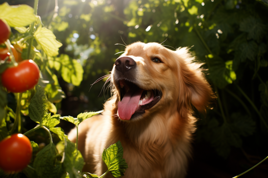 In the golden glow of the afternoon sun, a spirited dog, with a coat shimmering with energy, is seen joyfully running amidst a vast, vibrant field of ripe tomatoes. Every step sends its tail into a merry wag, and its paws playfully kick up the rich earth beneath. The scene captures the essence of carefree summer days as the dog weaves a dance of delight between the clusters of luscious red fruits, creating a tableau of movement and color