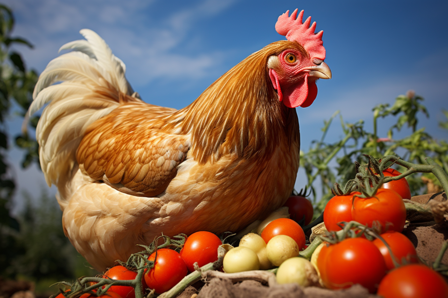 A plump chicken enthusiastically pecks at the juicy, ripe tomatoes strewn about, the vibrant reds of the fruits contrasting beautifully with the bird's feathered plumage. Sunlight filters through overhead, casting a soft glow on the scene, and highlighting the natural cycle of farm life as one part of nature nourishes another