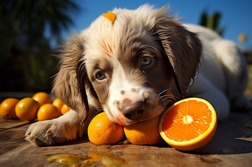 A cute puppy curiously nibbling on fresh orange slices, exploring the tangy taste amidst a backdrop of vibrant citrus hues